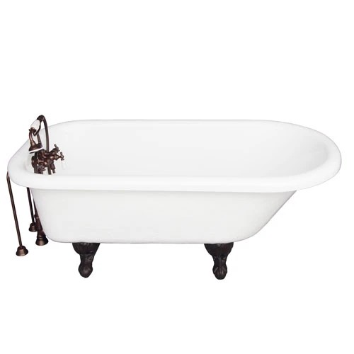 BARCLAY TKATR67-WORB2 ATLIN 67 INCH ACRYLIC FREESTANDING CLAWFOOT SOAKER BATHTUB IN WHITE WITH WALL MOUNT PORCELAIN LEVER OLD STYLE SPIGOT TUB FILLER AND HAND SHOWER IN OIL RUBBED BRONZE