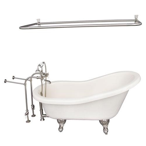 BARCLAY TKATS60-BBN5 ESTELLE 60 INCH ACRYLIC FREESTANDING CLAWFOOT SOAKER BATHTUB IN BISQUE WITH PORCELAIN LEVER TUB FILLER AND D-SHOWER ROD IN BRUSHED NICKEL