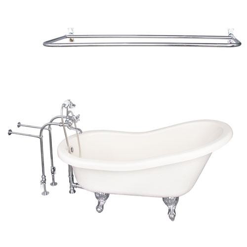 BARCLAY TKATS60-BCP6 ESTELLE 60 INCH ACRYLIC FREESTANDING CLAWFOOT SOAKER BATHTUB IN BISQUE WITH METAL CROSS TUB FILLER AND D-SHOWER ROD IN POLISHED CHROME