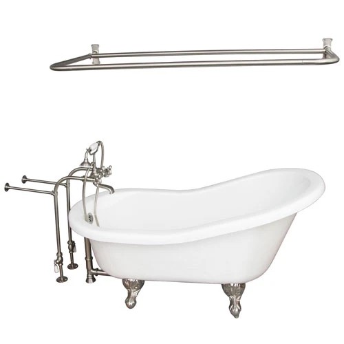 BARCLAY TKATS60-WBN6 ESTELLE 60 INCH ACRYLIC FREESTANDING CLAWFOOT SOAKER BATHTUB IN WHITE WITH METAL CROSS TUB FILLER AND D-SHOWER ROD IN BRUSHED NICKEL
