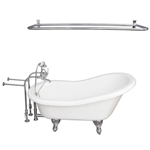 BARCLAY TKATS60-WCP6 ESTELLE 60 INCH ACRYLIC FREESTANDING CLAWFOOT SOAKER BATHTUB IN WHITE WITH METAL CROSS TUB FILLER AND D-SHOWER ROD IN POLISHED CHROME