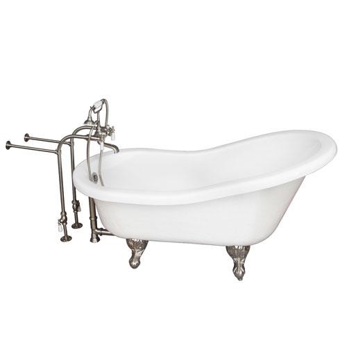 BARCLAY TKATS67-WBN1 IMOGENE 67 INCH ACRYLIC FREESTANDING CLAWFOOT SOAKER SLIPPER BATHTUB IN WHITE WITH PORCELAIN LEVER TUB FILLER AND HAND SHOWER IN BRUSHED NICKEL