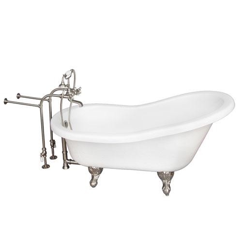 BARCLAY TKATS67-WBN2 IMOGENE 67 INCH ACRYLIC FREESTANDING CLAWFOOT SOAKER SLIPPER BATHTUB IN WHITE WITH METAL CROSS TUB FILLER AND HAND SHOWER IN BRUSHED NICKEL