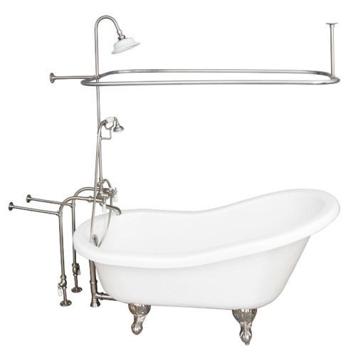 BARCLAY TKATS67-WBN3 IMOGENE 67 INCH ACRYLIC FREESTANDING CLAWFOOT SOAKER SLIPPER BATHTUB IN WHITE WITH PORCELAIN LEVER TUB FILLER AND RECTANGULAR SHOWER UNIT IN BRUSHED NICKEL