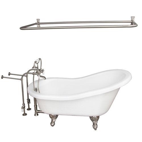 BARCLAY TKATS67-WBN5 IMOGENE 67 INCH ACRYLIC FREESTANDING CLAWFOOT SOAKER SLIPPER BATHTUB IN WHITE WITH PORCELAIN LEVER TUB FILLER AND D-SHOWER ROD IN BRUSHED NICKEL
