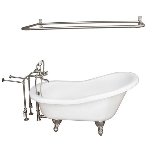 BARCLAY TKATS67-WBN6 IMOGENE 67 INCH ACRYLIC FREESTANDING CLAWFOOT SOAKER SLIPPER BATHTUB IN WHITE WITH METAL CROSS TUB FILLER AND D-SHOWER ROD IN BRUSHED NICKEL