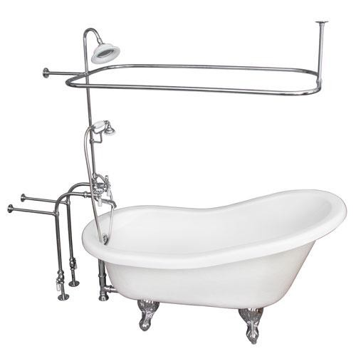 BARCLAY TKATS67-WCP3 IMOGENE 67 INCH ACRYLIC FREESTANDING CLAWFOOT SOAKER SLIPPER BATHTUB IN WHITE WITH PORCELAIN LEVER TUB FILLER AND RECTANGULAR SHOWER UNIT IN POLISHED CHROME