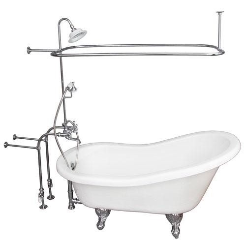 BARCLAY TKATS67-WCP4 IMOGENE 67 INCH ACRYLIC FREESTANDING CLAWFOOT SOAKER SLIPPER BATHTUB IN WHITE WITH METAL CROSS TUB FILLER AND RECTANGULAR SHOWER UNIT IN POLISHED CHROME