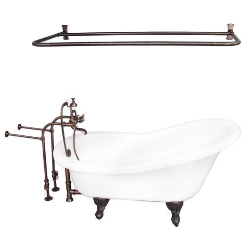 BARCLAY TKATS67-WORB6 IMOGENE 67 INCH ACRYLIC FREESTANDING CLAWFOOT SOAKER SLIPPER BATHTUB IN WHITE WITH METAL CROSS TUB FILLER AND D-SHOWER ROD IN OIL RUBBED BRONZE