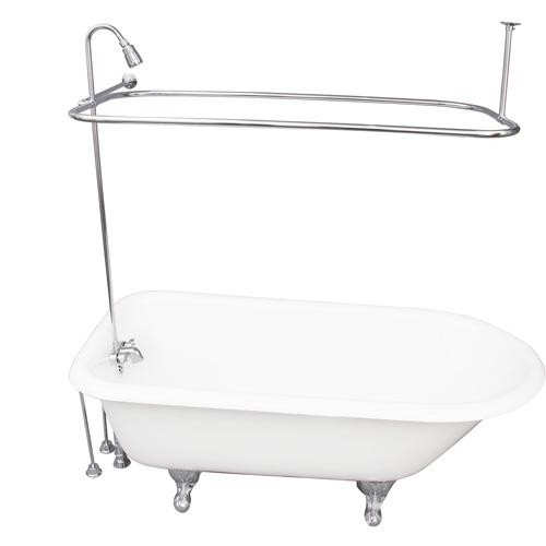 BARCLAY TKCTR60-CP5 BARTLETT 60 3/4 INCH CAST IRON FREESTANDING CLAWFOOT SOAKER BATHTUB IN WHITE WITH METAL LEVER TUB FILLER AND 3/4 INCH RECTANGULAR SHOWER UNIT IN CHROME