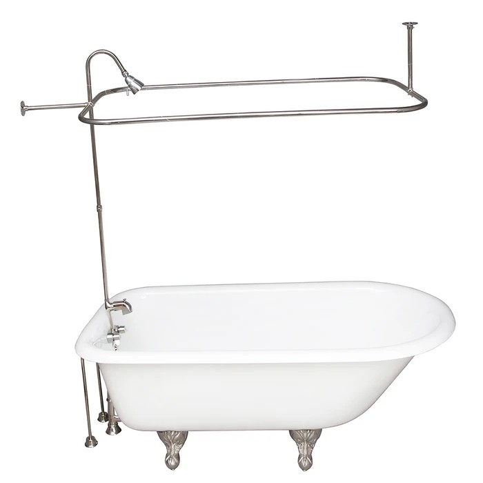 BARCLAY TKCTR60-CP6 BARTLETT 60 3/4 INCH CAST IRON FREESTANDING CLAWFOOT SOAKER BATHTUB IN WHITE WITH METAL LEVER TUB FILLER AND 3/4 INCH RECTANGULAR SHOWER UNIT IN CHROME