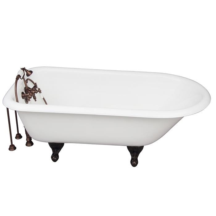 BARCLAY TKCTR60-ORB2 BARTLETT 60 3/4 INCH CAST IRON FREESTANDING CLAWFOOT SOAKER BATHTUB IN WHITE WITH PORCELAIN LEVER OLD STYLE SPIGOT TUB FILLER AND HAND SHOWER IN OIL RUBBED BRONZE