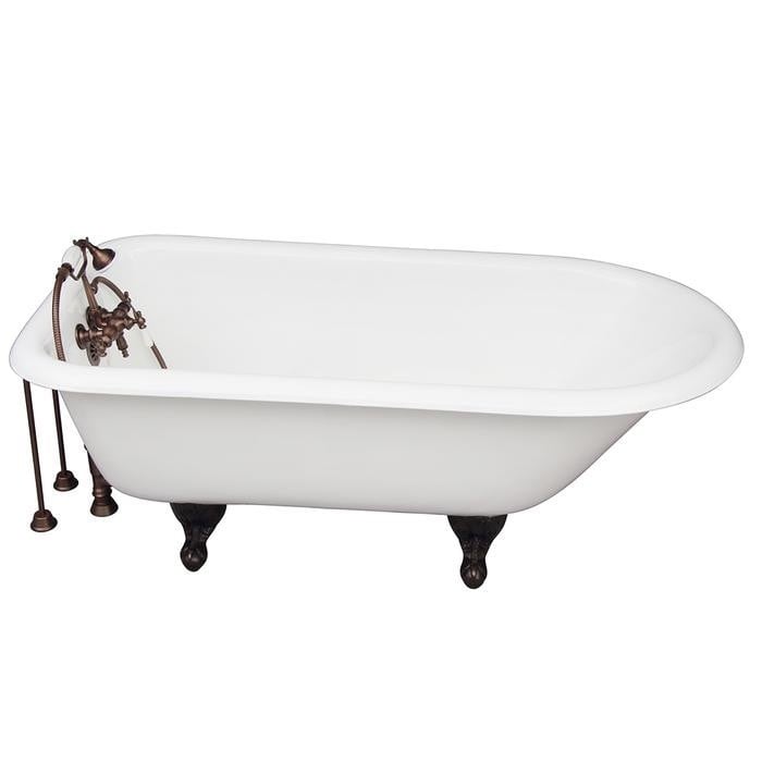 BARCLAY TKCTR60-ORB2 BARTLETT 60 3/4 INCH CAST IRON FREESTANDING CLAWFOOT SOAKER BATHTUB IN WHITE WITH PORCELAIN LEVER OLD STYLE SPIGOT TUB FILLER AND HAND SHOWER IN OIL RUBBED BRONZE