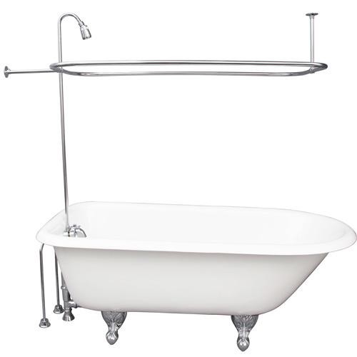 BARCLAY TKCTR67-CP3 BROCTON 68 INCH CAST IRON FREESTANDING CLAWFOOT SOAKER BATHTUB IN WHITE WITH METAL LEVER TUB FILLER AND RECTANGULAR SHOWER UNIT IN CHROME