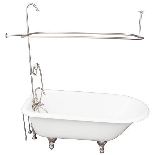 BARCLAY TKCTR67-SN1 BROCTON 68 INCH CAST IRON FREESTANDING CLAWFOOT SOAKER BATHTUB IN WHITE WITH PORCELAIN LEVER TUB FILLER AND HAND SHOWER IN SATIN NICKEL