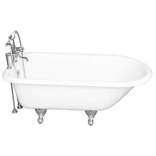 BARCLAY TKCTR7H60-CP1 BEECHER 60 INCH CAST IRON FREESTANDING CLAWFOOT SOAKER BATHTUB IN WHITE WITH DECK MOUNT PORCELAIN LEVER TUB FILLER AND HAND SHOWER IN CHROME