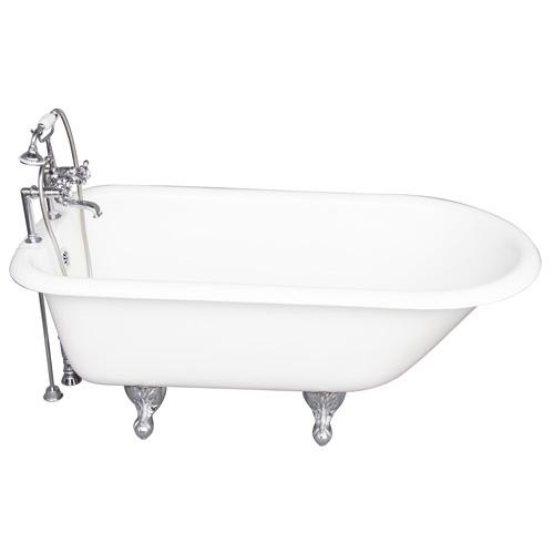 BARCLAY TKCTR7H60-CP2 BEECHER 60 INCH CAST IRON FREESTANDING CLAWFOOT SOAKER BATHTUB IN WHITE WITH DECK MOUNT METAL CROSS TUB FILLER AND HAND SHOWER IN CHROME