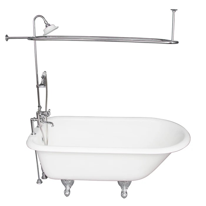 BARCLAY TKCTR7H60-CP4 BEECHER 60 INCH CAST IRON FREESTANDING CLAWFOOT SOAKER BATHTUB IN WHITE WITH METAL CROSS TUB FILLER AND RECTANGULAR SHOWER UNIT IN CHROME