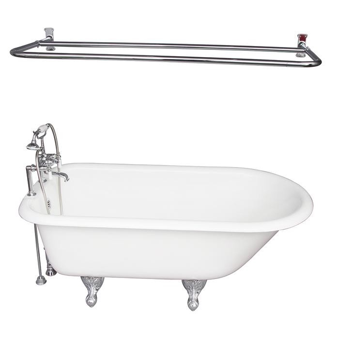 BARCLAY TKCTR7H60-CP5 BEECHER 60 INCH CAST IRON FREESTANDING CLAWFOOT SOAKER BATHTUB IN WHITE WITH PORCELAIN LEVER TUB FILLER AND D-SHOWER ROD IN CHROME