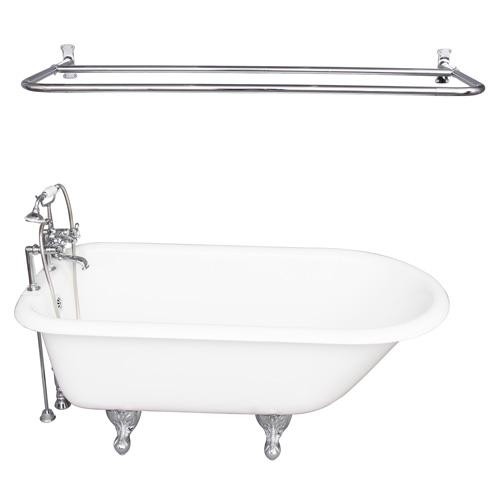 BARCLAY TKCTR7H60-CP6 BEECHER 60 INCH CAST IRON FREESTANDING CLAWFOOT SOAKER BATHTUB IN WHITE WITH METAL CROSS TUB FILLER AND D-SHOWER ROD IN CHROME