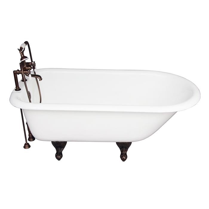 BARCLAY TKCTR7H60-ORB1 BEECHER 60 INCH CAST IRON FREESTANDING CLAWFOOT SOAKER BATHTUB IN WHITE WITH DECK MOUNT PORCELAIN LEVER TUB FILLER AND HAND SHOWER IN OIL RUBBED BRONZE