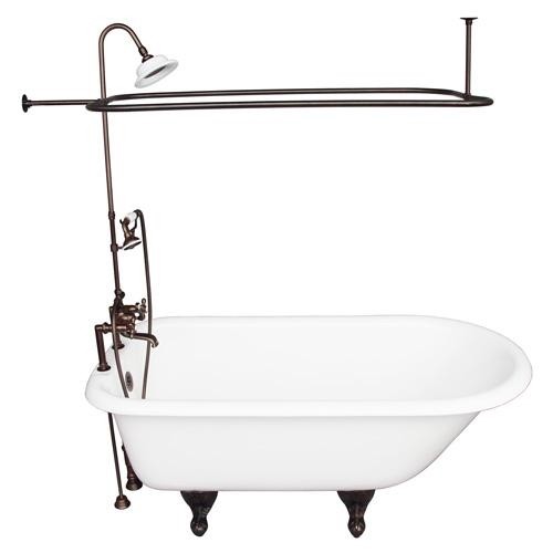 BARCLAY TKCTR7H60-ORB4 BEECHER 60 INCH CAST IRON FREESTANDING CLAWFOOT SOAKER BATHTUB IN WHITE WITH METAL CROSS TUB FILLER AND RECTANGULAR SHOWER UNIT IN OIL RUBBED BRONZE