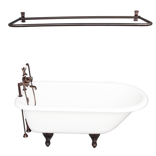 BARCLAY TKCTR7H60-ORB5 BEECHER 60 INCH CAST IRON FREESTANDING CLAWFOOT SOAKER BATHTUB IN WHITE WITH PORCELAIN LEVER TUB FILLER AND D-SHOWER ROD IN OIL RUBBED BRONZE