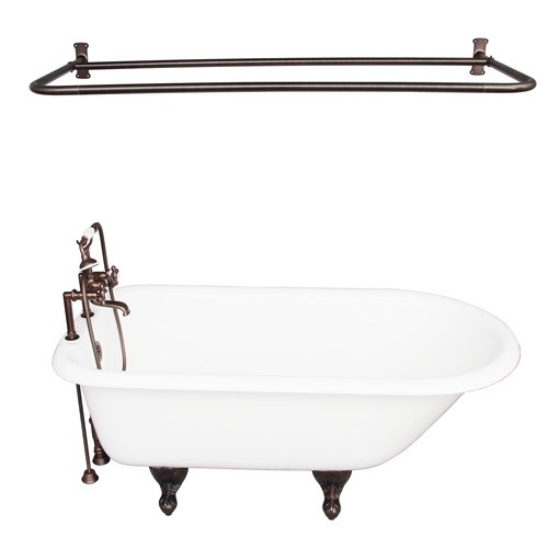 BARCLAY TKCTR7H60-ORB6 BEECHER 60 INCH CAST IRON FREESTANDING CLAWFOOT SOAKER BATHTUB IN WHITE WITH METAL CROSS TUB FILLER AND D-SHOWER ROD IN OIL RUBBED BRONZE