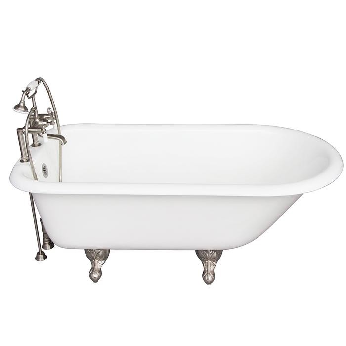 BARCLAY TKCTR7H60-SN1 BEECHER 60 INCH CAST IRON FREESTANDING CLAWFOOT SOAKER BATHTUB IN WHITE WITH DECK MOUNT PORCELAIN LEVER TUB FILLER AND HAND SHOWER IN BRUSHED NICKEL