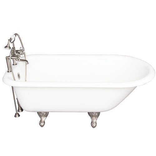 BARCLAY TKCTR7H60-SN2 BEECHER 60 INCH CAST IRON FREESTANDING CLAWFOOT SOAKER BATHTUB IN WHITE WITH DECK MOUNT METAL CROSS TUB FILLER AND HAND SHOWER IN BRUSHED NICKEL