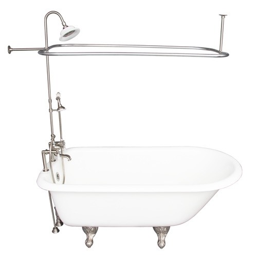 BARCLAY TKCTR7H60-SN3 BEECHER 60 INCH CAST IRON FREESTANDING CLAWFOOT SOAKER BATHTUB IN WHITE WITH PORCELAIN LEVER TUB FILLER AND RECTANGULAR SHOWER UNIT IN BRUSHED NICKEL
