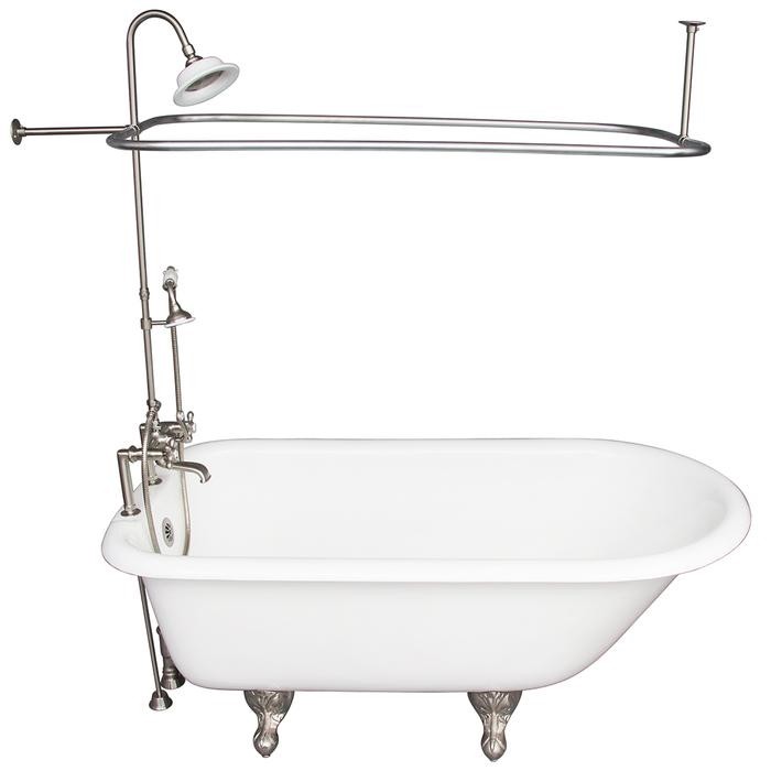 BARCLAY TKCTR7H60-SN4 BEECHER 60 INCH CAST IRON FREESTANDING CLAWFOOT SOAKER BATHTUB IN WHITE WITH METAL CROSS TUB FILLER AND RECTANGULAR SHOWER UNIT IN BRUSHED NICKEL