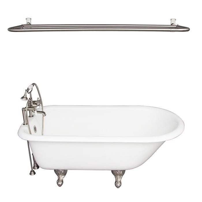 BARCLAY TKCTR7H60-SN5 BEECHER 60 INCH CAST IRON FREESTANDING CLAWFOOT SOAKER BATHTUB IN WHITE WITH PORCELAIN LEVER TUB FILLER AND D-SHOWER ROD IN BRUSHED NICKEL