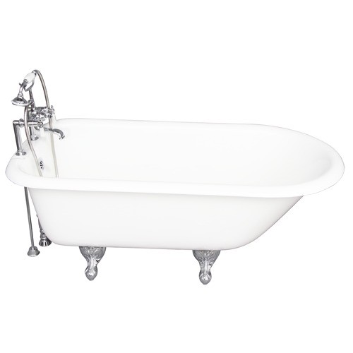 BARCLAY TKCTR7H67-CP1 CADMUS 68 INCH CAST IRON FREESTANDING CLAWFOOT SOAKER BATHTUB IN WHITE WITH DECK MOUNT PORCELAIN LEVER TUB FILLER AND HAND SHOWER IN CHROME