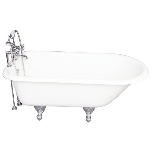 BARCLAY TKCTR7H67-CP2 CADMUS 68 INCH CAST IRON FREESTANDING CLAWFOOT SOAKER BATHTUB IN WHITE WITH DECK MOUNT METAL CROSS TUB FILLER AND HAND SHOWER IN CHROME