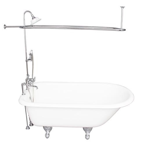 BARCLAY TKCTR7H67-CP4 CADMUS 68 INCH CAST IRON FREESTANDING CLAWFOOT SOAKER BATHTUB IN WHITE WITH METAL CROSS TUB FILLER AND RECTANGULAR SHOWER UNIT IN CHROME