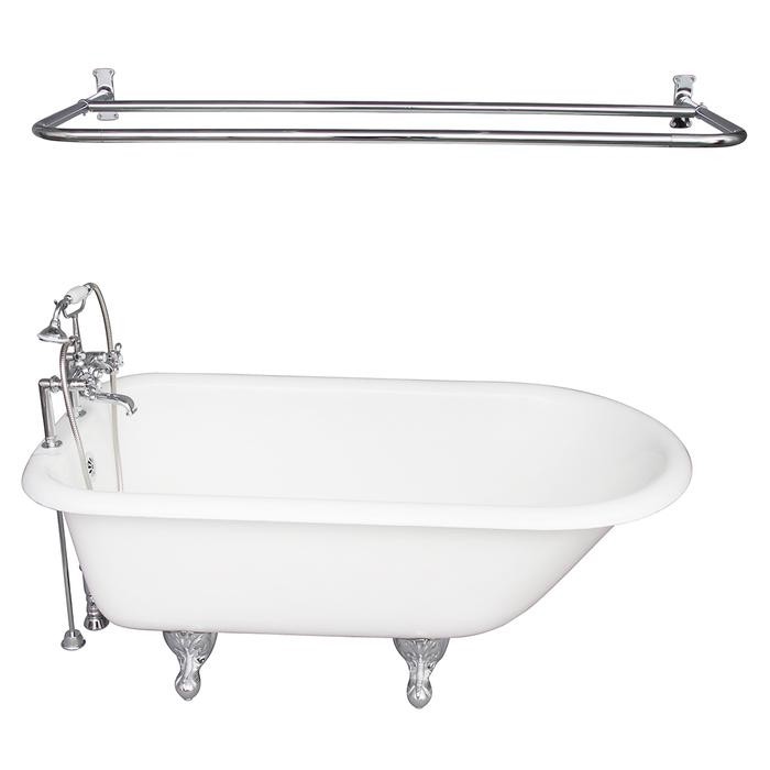 BARCLAY TKCTR7H67-CP6 CADMUS 68 INCH CAST IRON FREESTANDING CLAWFOOT SOAKER BATHTUB IN WHITE WITH METAL CROSS TUB FILLER AND D-SHOWER ROD IN CHROME