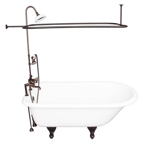 BARCLAY TKCTR7H67-ORB4 CADMUS 68 INCH CAST IRON FREESTANDING CLAWFOOT SOAKER BATHTUB IN WHITE WITH METAL CROSS TUB FILLER AND RECTANGULAR SHOWER UNIT IN OIL RUBBED BRONZE