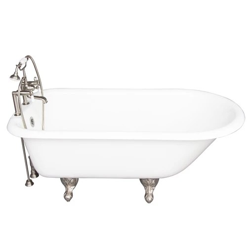 BARCLAY TKCTR7H67-SN1 CADMUS 68 INCH CAST IRON FREESTANDING CLAWFOOT SOAKER BATHTUB IN WHITE WITH DECK MOUNT PORCELAIN LEVER TUB FILLER AND HAND SHOWER IN BRUSHED NICKEL