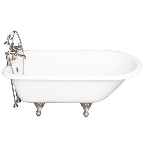 BARCLAY TKCTR7H67-SN2 CADMUS 68 INCH CAST IRON FREESTANDING CLAWFOOT SOAKER BATHTUB IN WHITE WITH DECK MOUNT METAL CROSS TUB FILLER AND HAND SHOWER IN BRUSHED NICKEL