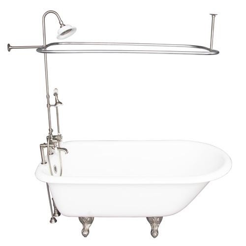 BARCLAY TKCTR7H67-SN3 CADMUS 68 INCH CAST IRON FREESTANDING CLAWFOOT SOAKER BATHTUB IN WHITE WITH PORCELAIN LEVER TUB FILLER AND RECTANGULAR SHOWER UNIT IN BRUSHED NICKEL