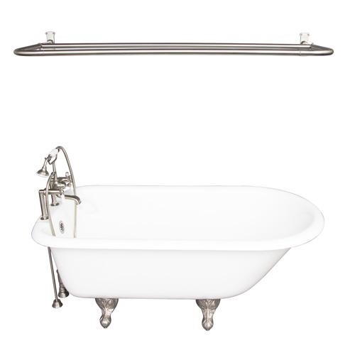BARCLAY TKCTR7H67-SN5 CADMUS 68 INCH CAST IRON FREESTANDING CLAWFOOT SOAKER BATHTUB IN WHITE WITH PORCELAIN LEVER TUB FILLER AND D-SHOWER ROD IN BRUSHED NICKEL