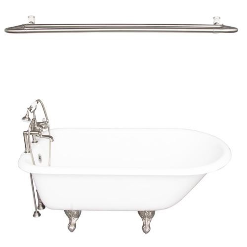 BARCLAY TKCTR7H67-SN6 CADMUS 68 INCH CAST IRON FREESTANDING CLAWFOOT SOAKER BATHTUB IN WHITE WITH METAL CROSS TUB FILLER AND D-SHOWER ROD IN BRUSHED NICKEL