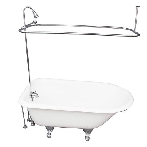 BARCLAY TKCTRH54-CP5 ANTONIO 55 1/2 INCH CAST IRON FREESTANDING CLAWFOOT SOAKER BATHTUB IN WHITE WITH METAL LEVER TUB FILLER AND RECTANGULAR SHOWER UNIT SIDE WALL SUPPORT IN CHROME