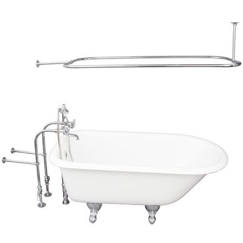 BARCLAY TKCTRN54-CP4 ANTONIO 55 1/2 INCH CAST IRON FREESTANDING CLAWFOOT SOAKER BATHTUB IN WHITE WITH METAL CROSS TUB FILLER AND RECTANGULAR SHOWER ROD IN CHROME