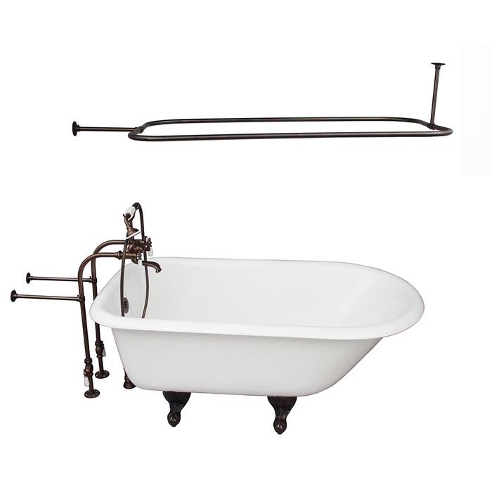 BARCLAY TKCTRN54-ORB3 ANTONIO 55 1/2 INCH CAST IRON FREESTANDING CLAWFOOT SOAKER BATHTUB IN WHITE WITH PORCELAIN LEVER TUB FILLER AND RECTANGULAR SHOWER ROD IN OIL RUBBED BRONZE