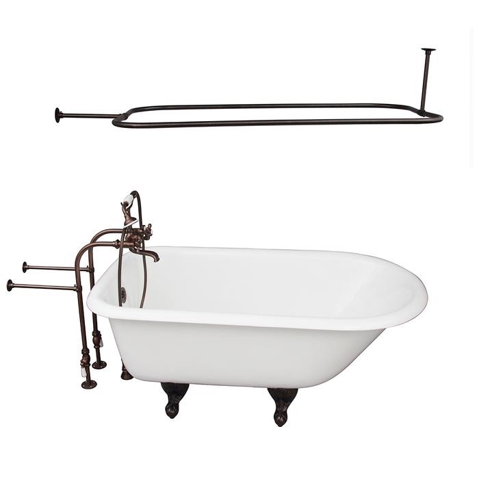 BARCLAY TKCTRN54-ORB4 ANTONIO 55 1/2 INCH CAST IRON FREESTANDING CLAWFOOT SOAKER BATHTUB IN WHITE WITH METAL CROSS TUB FILLER AND RECTANGULAR SHOWER ROD IN OIL RUBBED BRONZE