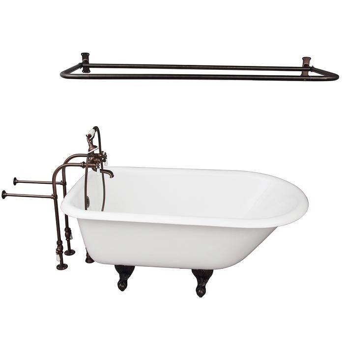 BARCLAY TKCTRN54-ORB5 ANTONIO 55 1/2 INCH CAST IRON FREESTANDING CLAWFOOT SOAKER BATHTUB IN WHITE WITH PORCELAIN LEVER TUB FILLER AND D-SHOWER ROD IN OIL RUBBED BRONZE