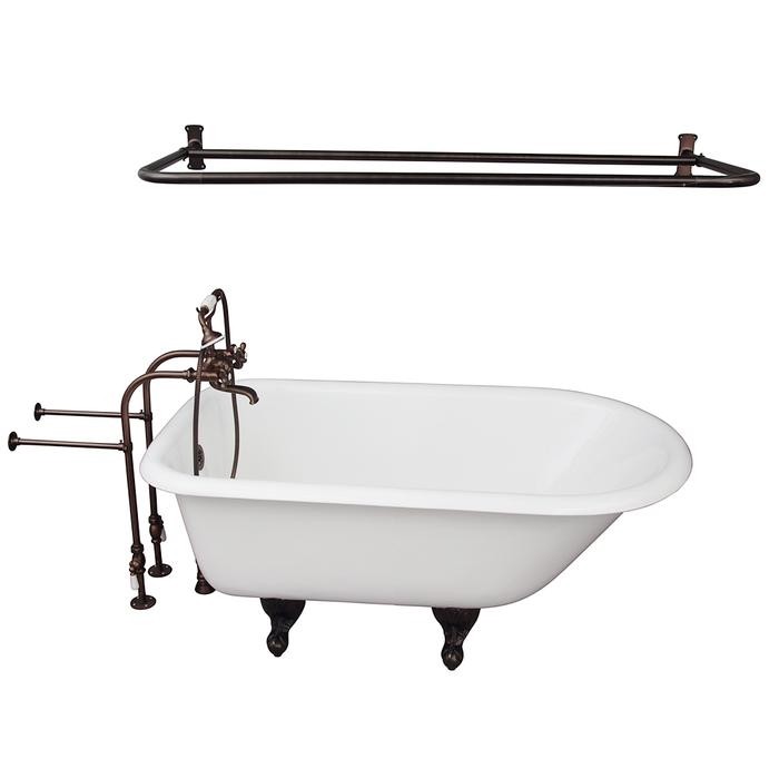 BARCLAY TKCTRN54-ORB6 ANTONIO 55 1/2 INCH CAST IRON FREESTANDING CLAWFOOT SOAKER BATHTUB IN WHITE WITH METAL CROSS TUB FILLER AND D-SHOWER ROD IN OIL RUBBED BRONZE