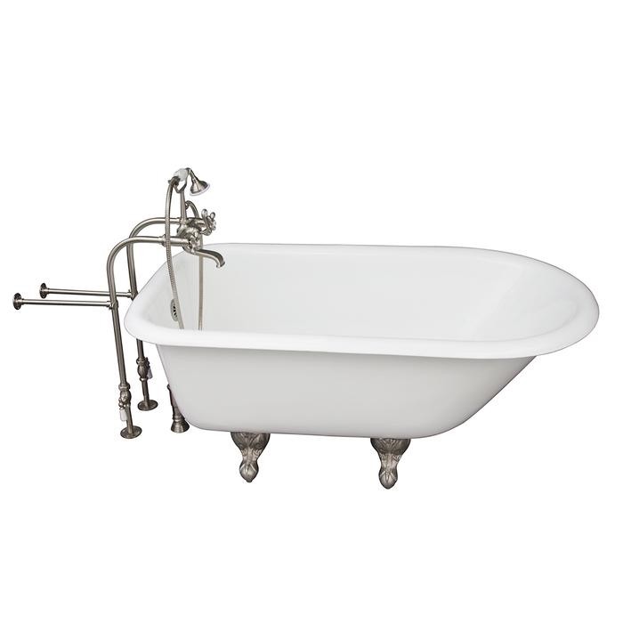 BARCLAY TKCTRN54-SN2 ANTONIO 55 1/2 INCH CAST IRON FREESTANDING CLAWFOOT SOAKER BATHTUB IN WHITE WITH METAL CROSS TUB FILLER AND HAND SHOWER IN BRUSHED NICKEL